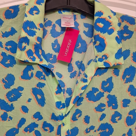 Xhilaration Summer Blouse – Green & Blue Leopard Print, Size L - Picture 4 of 10